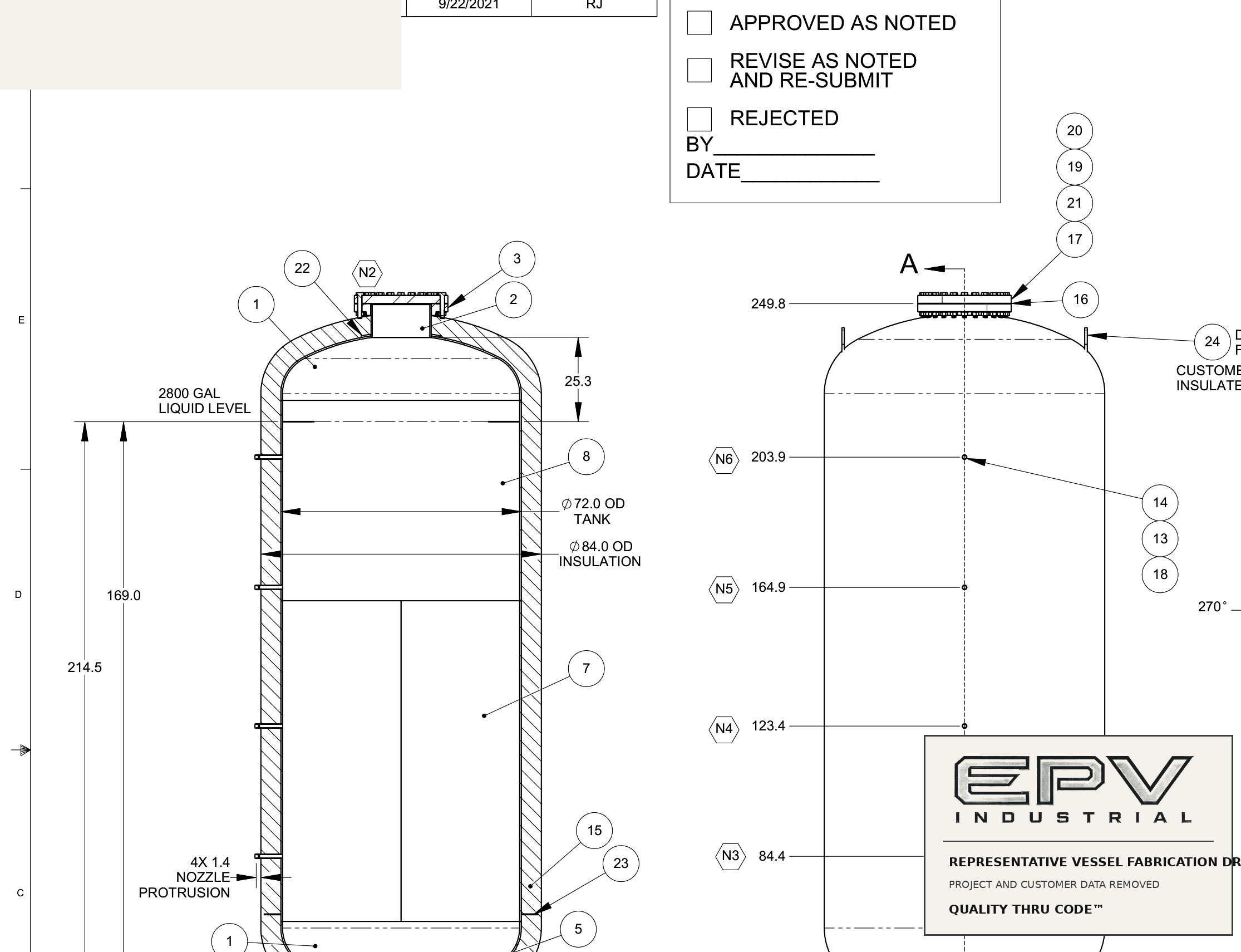 Representative pressure vessel fabrication drawing with customer information removed